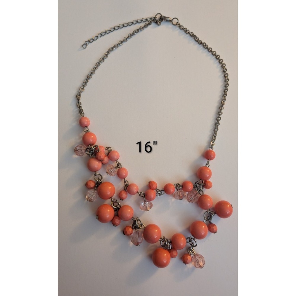 Coral Pink‎ Beaded Statement Necklace Silver Tone Tiered Cluster Adjustable 16"
